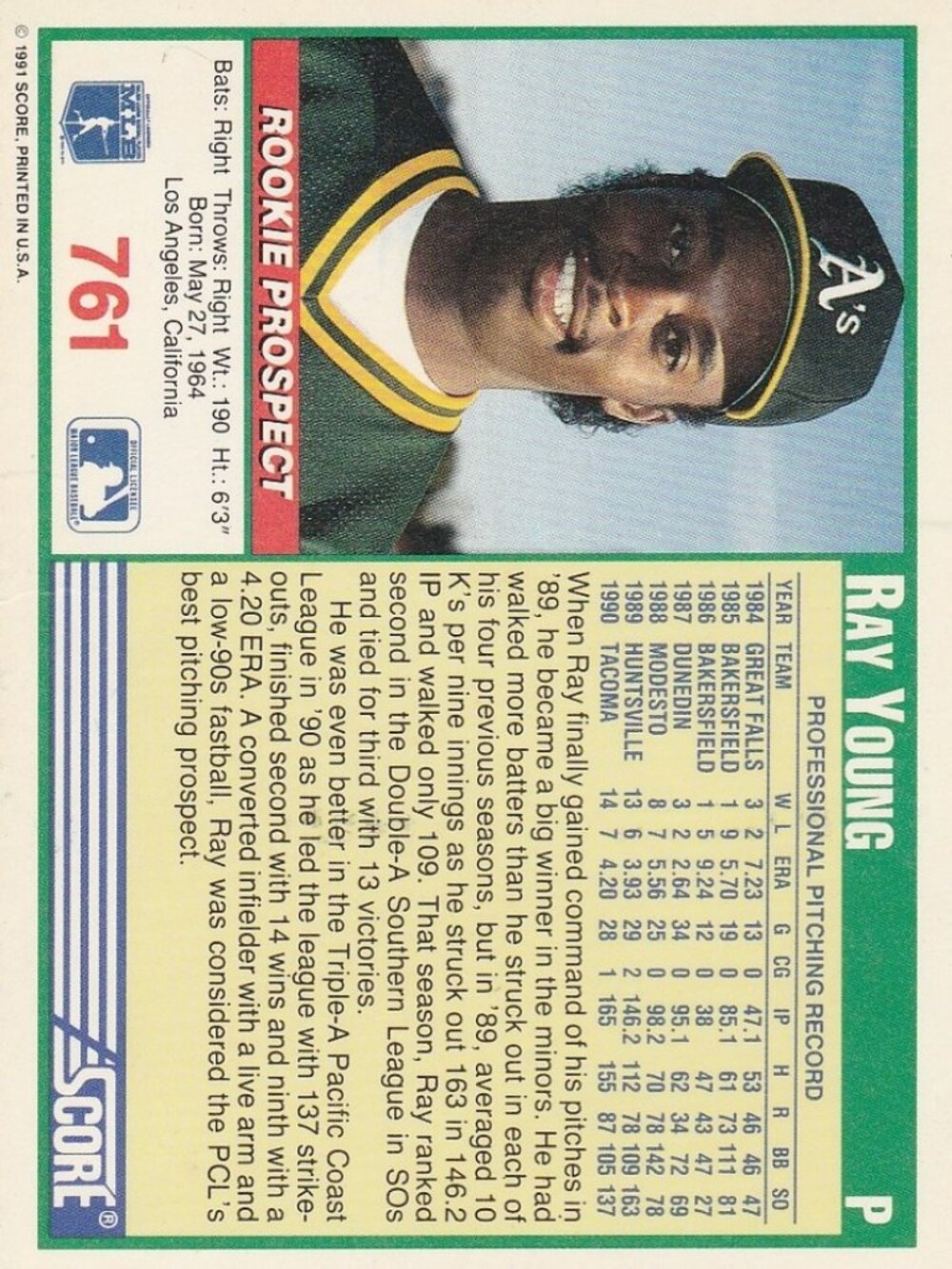 Ray Young - Score 91 Rookie Prospect Baseball Card - Picture 2 of 2